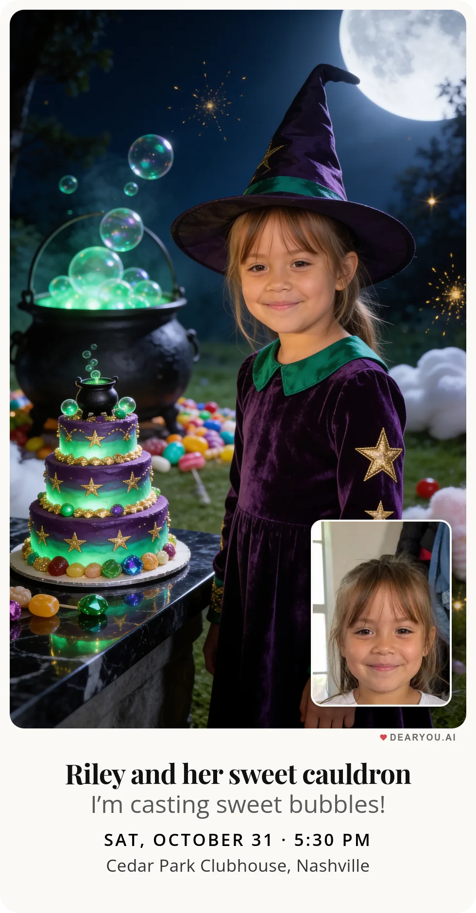 Personalized kids birthday invitation with the child's name and age, a bubbling candy cauldron under the full moon theme