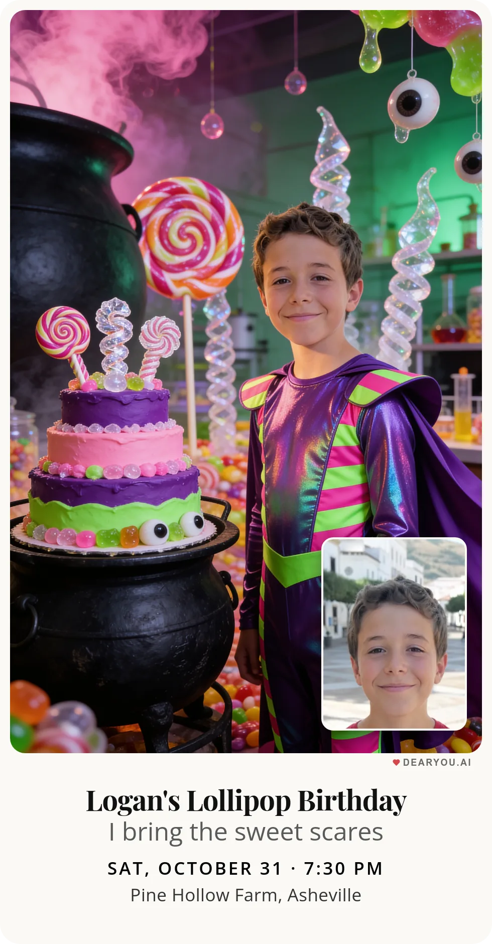 Personalized kids birthday invitation with the child's name and age, a cauldron of lollipops and gummy eyeballs theme