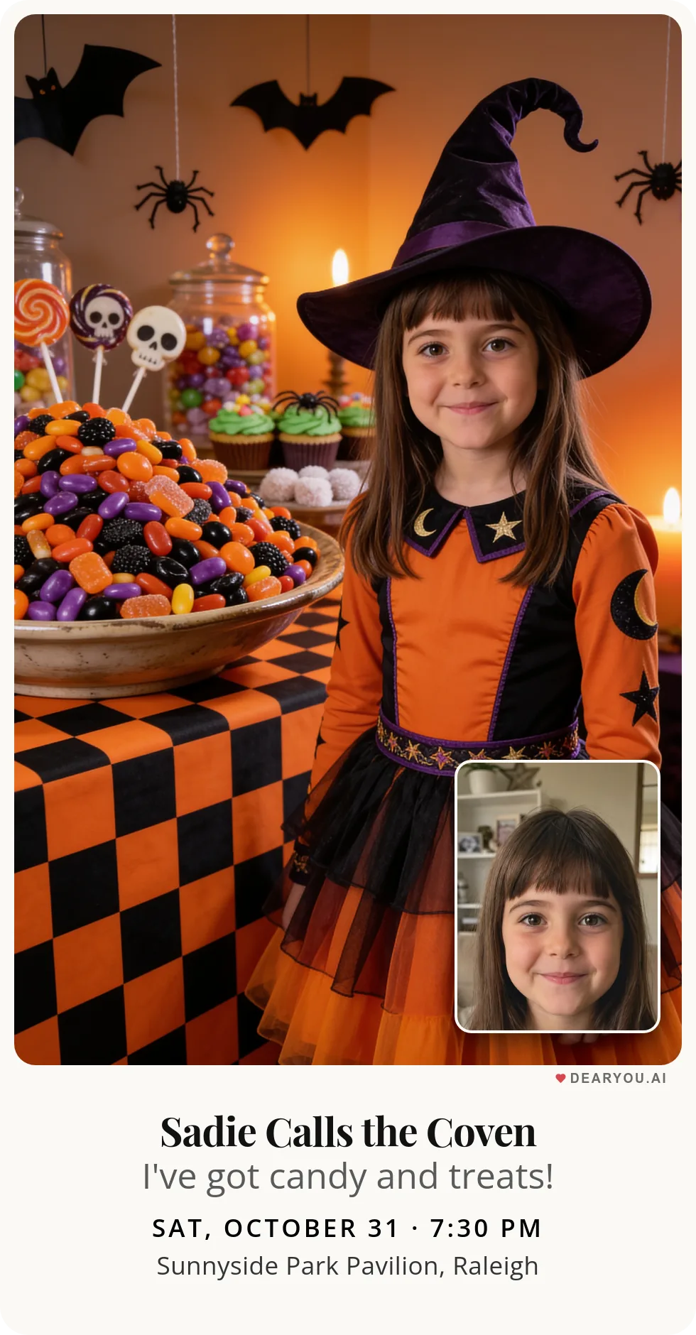Personalized kids birthday invitation with the child's name and age, a Halloween candy table with paper bats theme