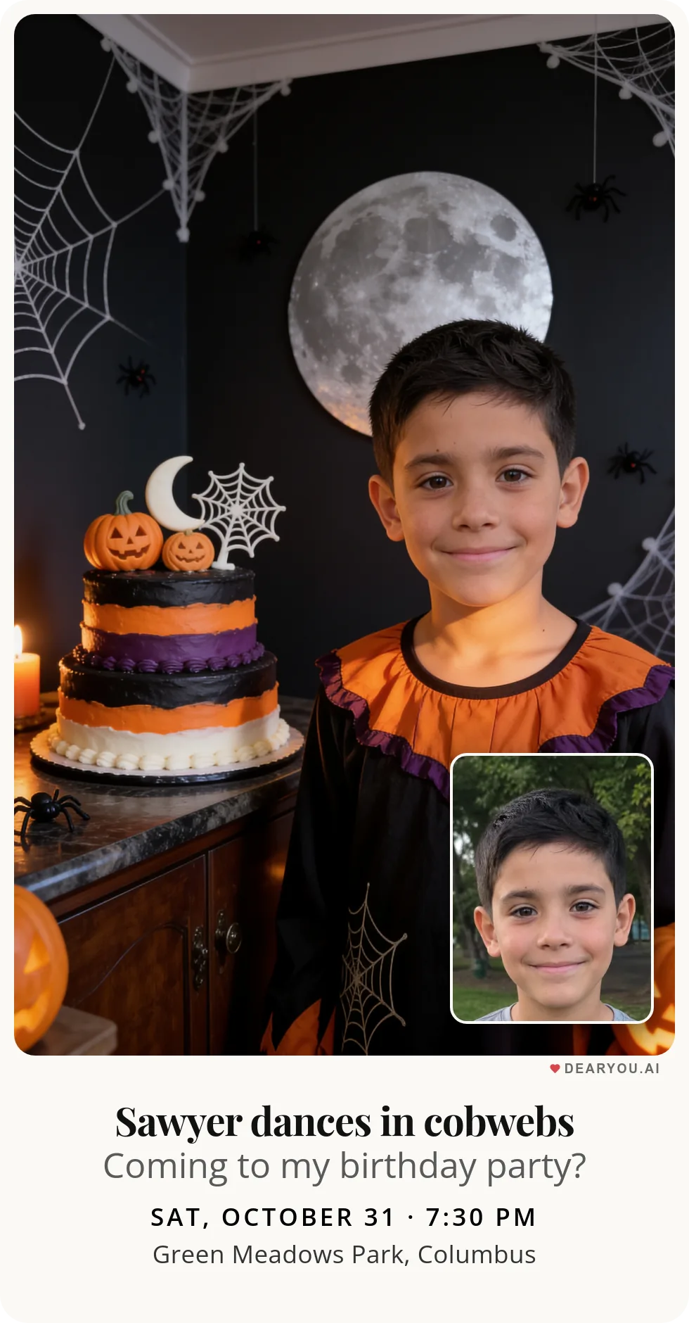 Personalized kids birthday invitation with the child's name and age, a Halloween bedroom covered in cobwebs theme