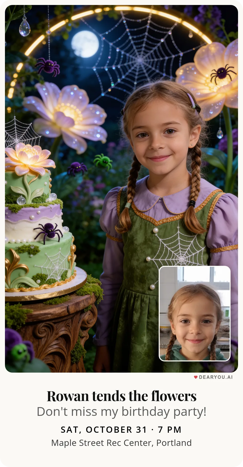 Personalized kids birthday invitation with the child's name and age, a garden of friendly spiders theme