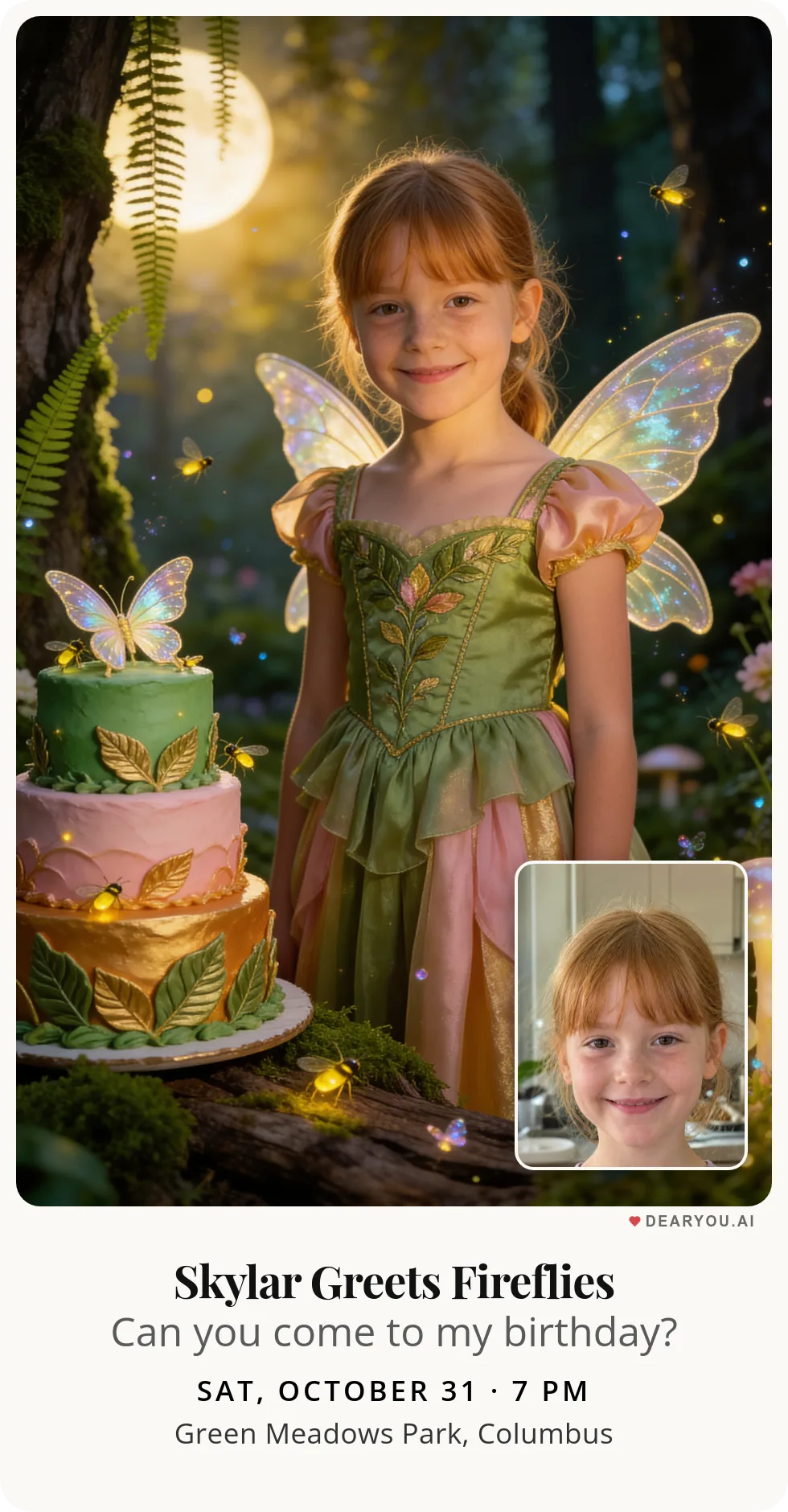 Personalized kids birthday invitation with the child's name and age, enchanted forest fairy theme