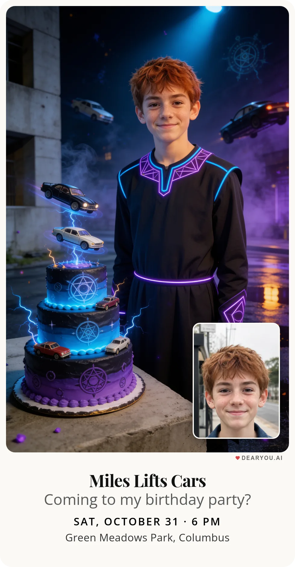 Personalized kids birthday invitation with the child's name and age, urban sorcerer lifting cars on the street theme