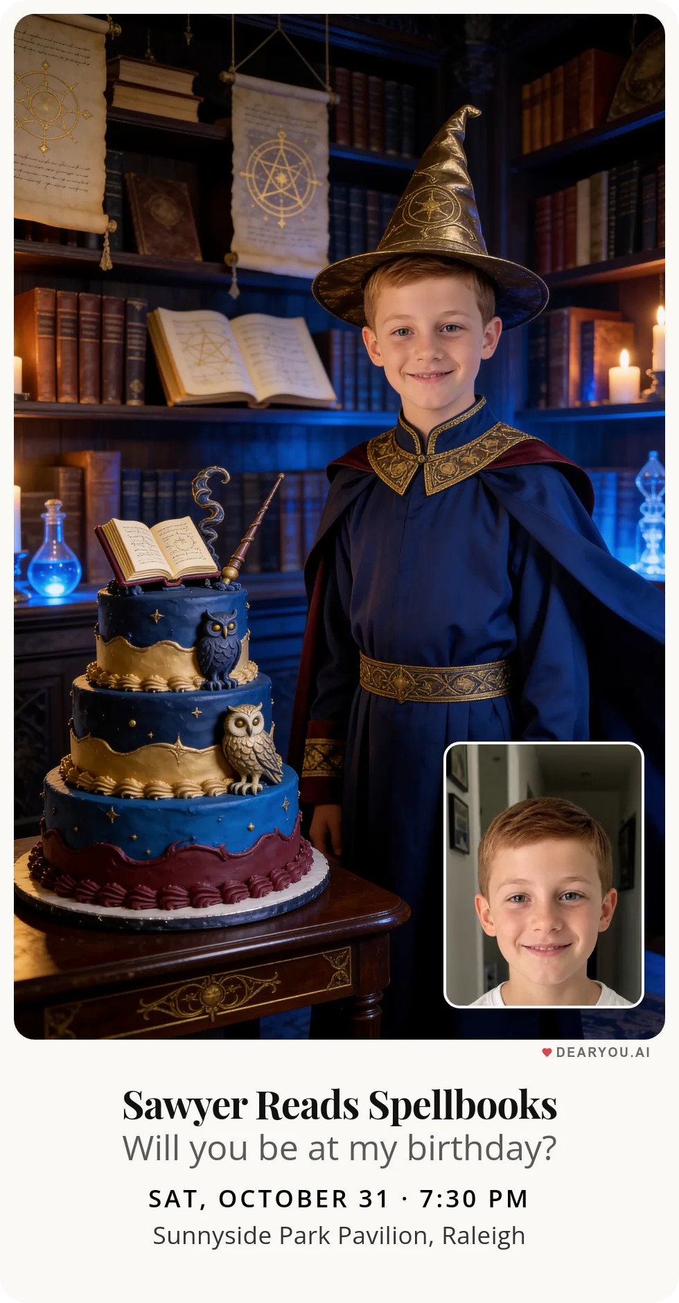 Personalized kids birthday invitation with the child's name and age, medieval wizard in the spell library theme