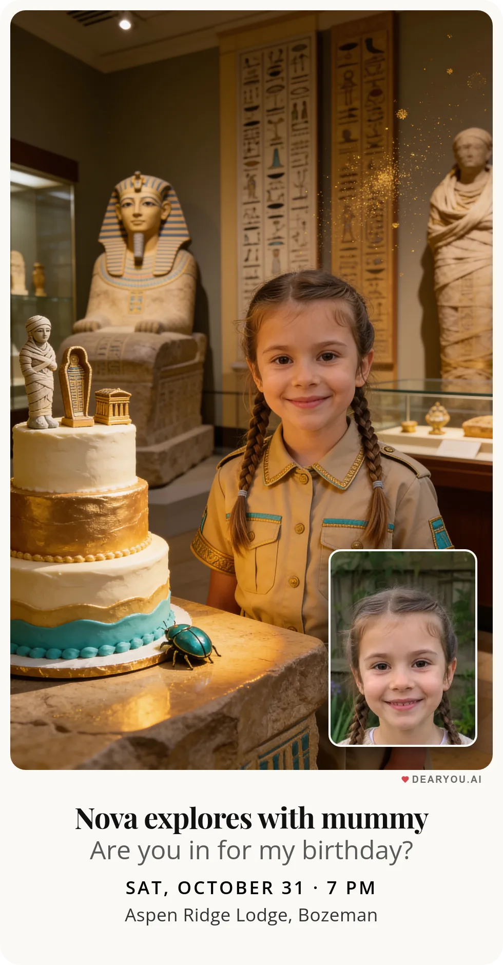 Personalized kids birthday invitation with the child's name and age, friendly mummy at the museum theme