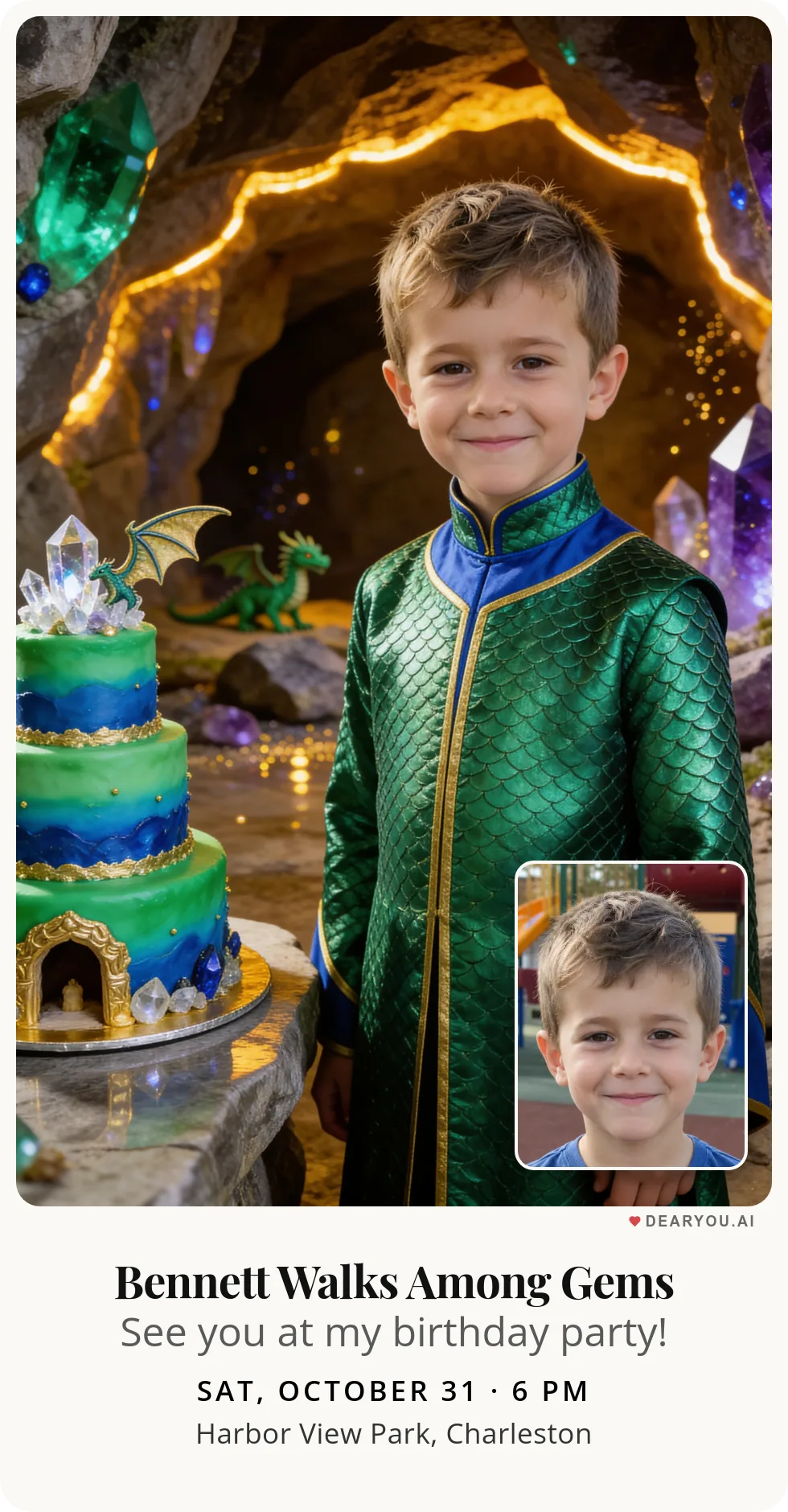 Personalized kids birthday invitation with the child's name and age, little dragon in the gem cave theme