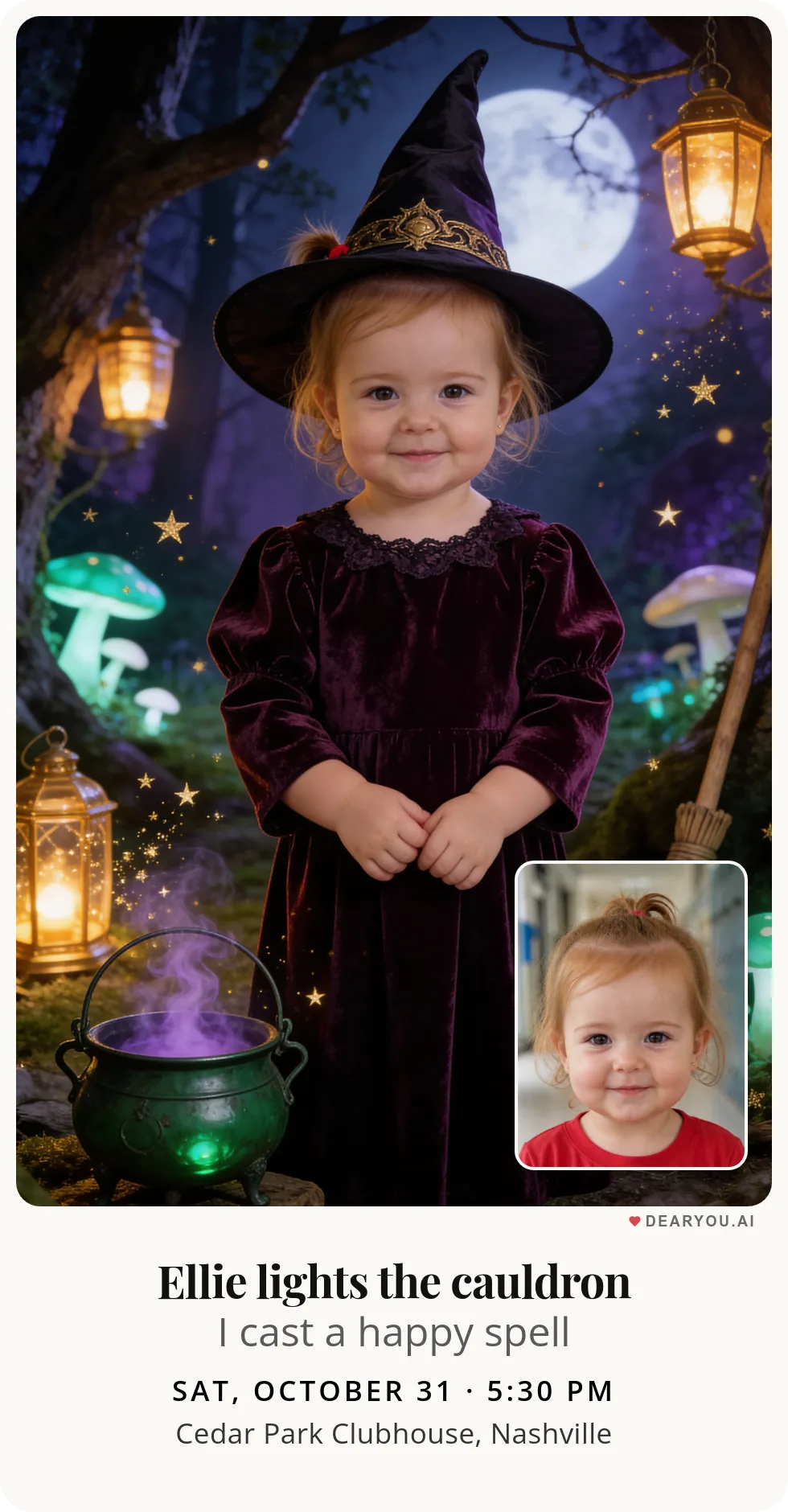 Personalized kids birthday invitation with the child's name and age, good witch in the magic forest theme