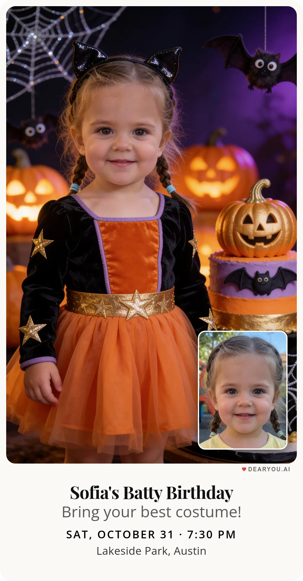Personalized kids birthday invitation with the child's name and age, birthday Halloween with friendly bats theme