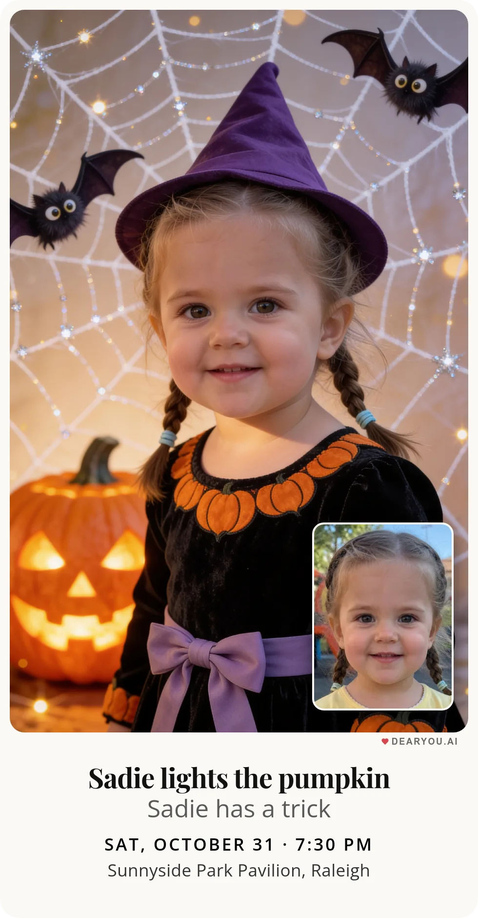 Personalized kids birthday invitation with the child's name and age, magical Halloween with gentle bats theme