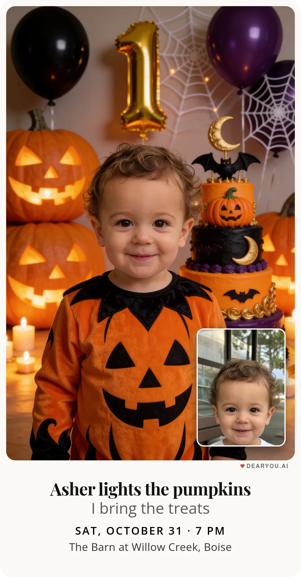 Personalized kids birthday invitation with the child's name and age, halloween first birthday theme