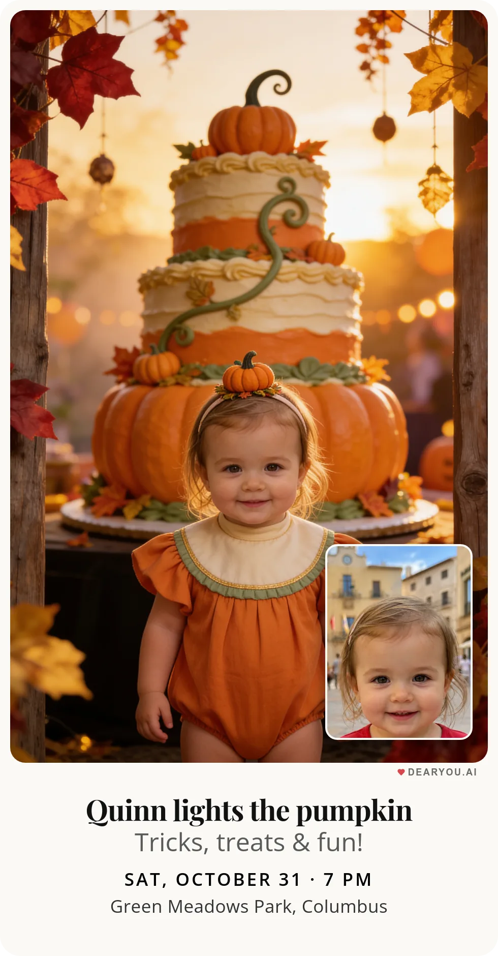 Personalized kids birthday invitation with the child's name and age, first birthday with a pumpkin cake theme