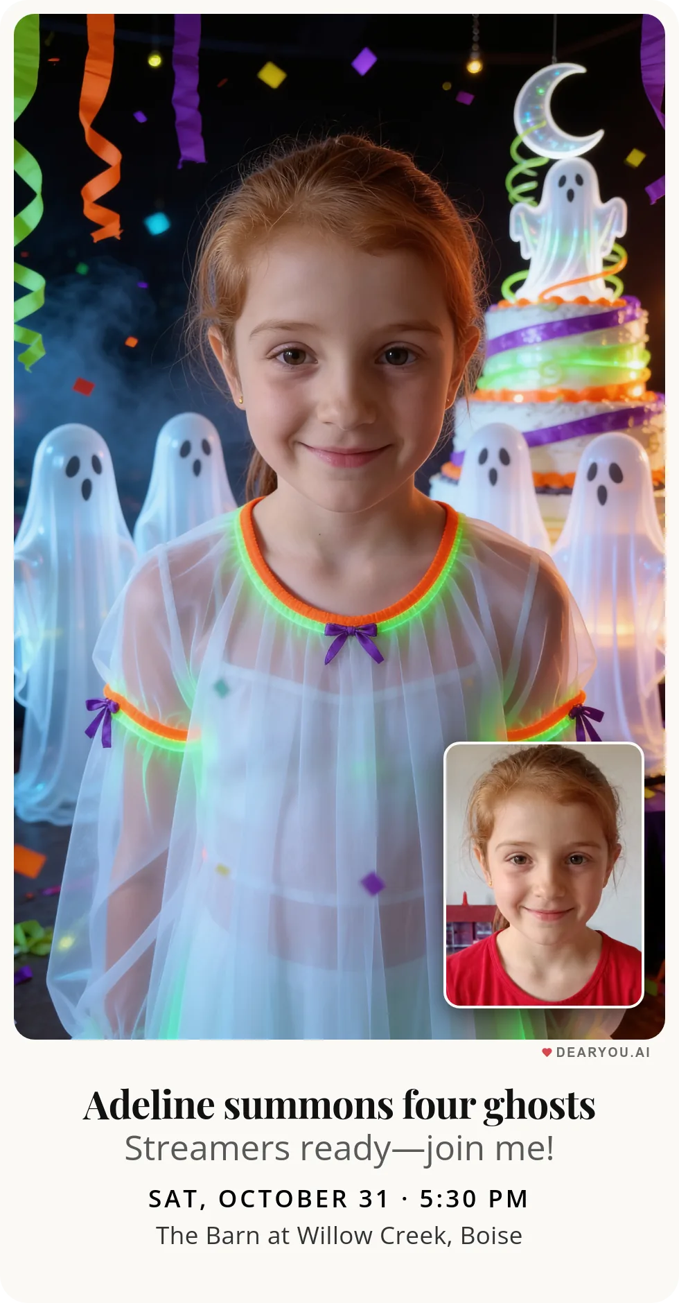 Personalized kids birthday invitation with the child's name and age, four ghosts with streamers theme