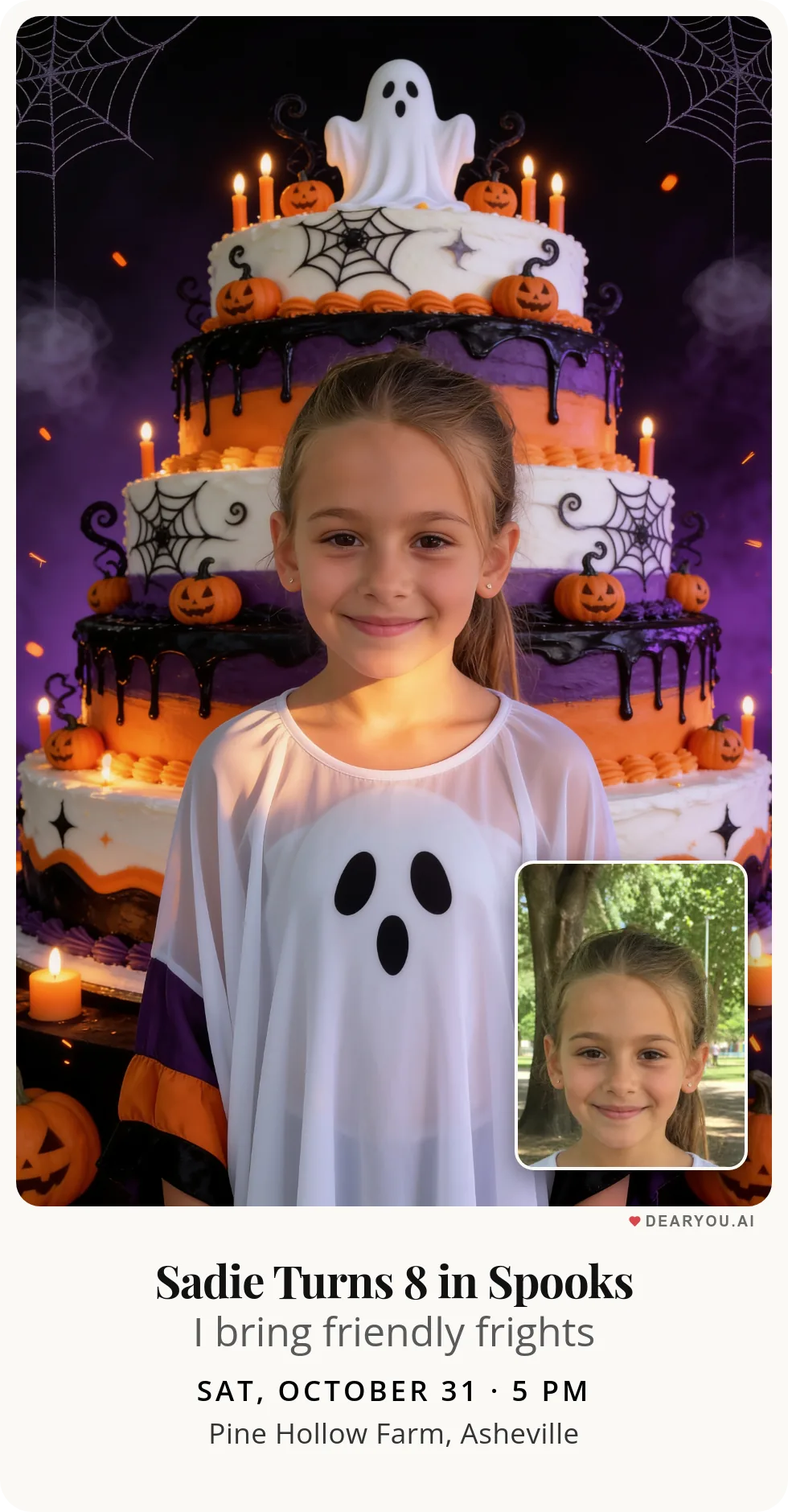 Personalized kids birthday invitation with the child's name and age, a ghost costume and a birthday cake theme