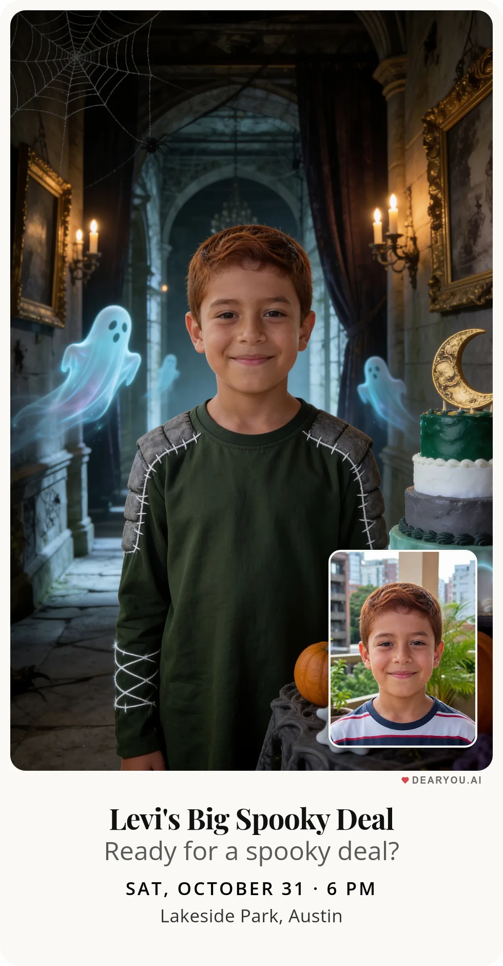 Personalized kids birthday invitation with the child's name and age, hide and seek in the haunted house theme