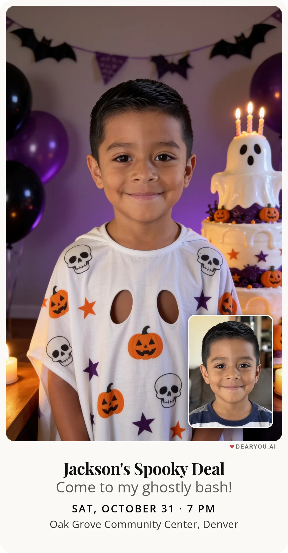 Personalized kids birthday invitation with the child's name and age, a ghost under a patterned sheet theme