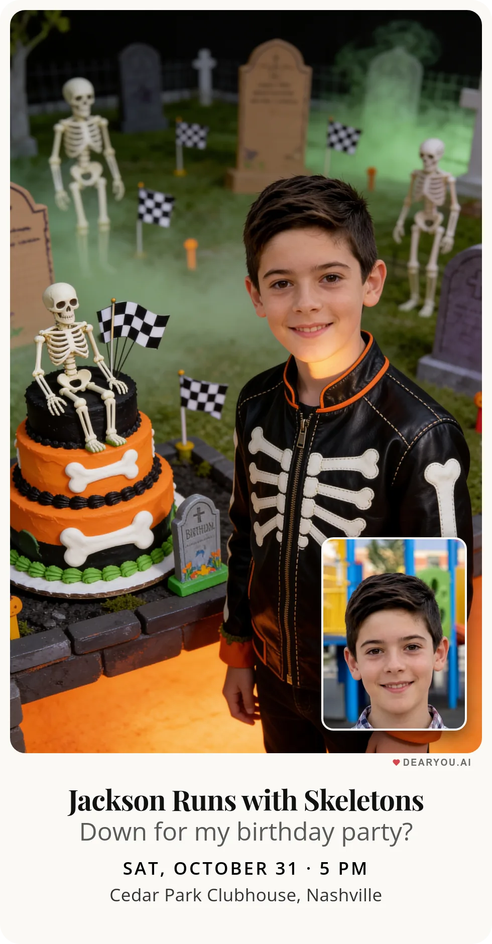 Personalized kids birthday invitation with the child's name and age, a skeleton race through the toy graveyard theme