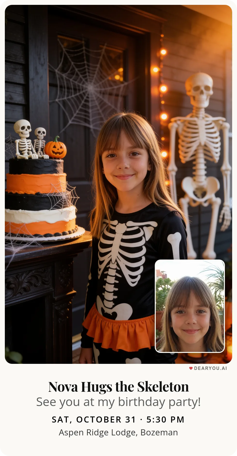 Personalized kids birthday invitation with the child's name and age, a friendly skeleton at the front door theme
