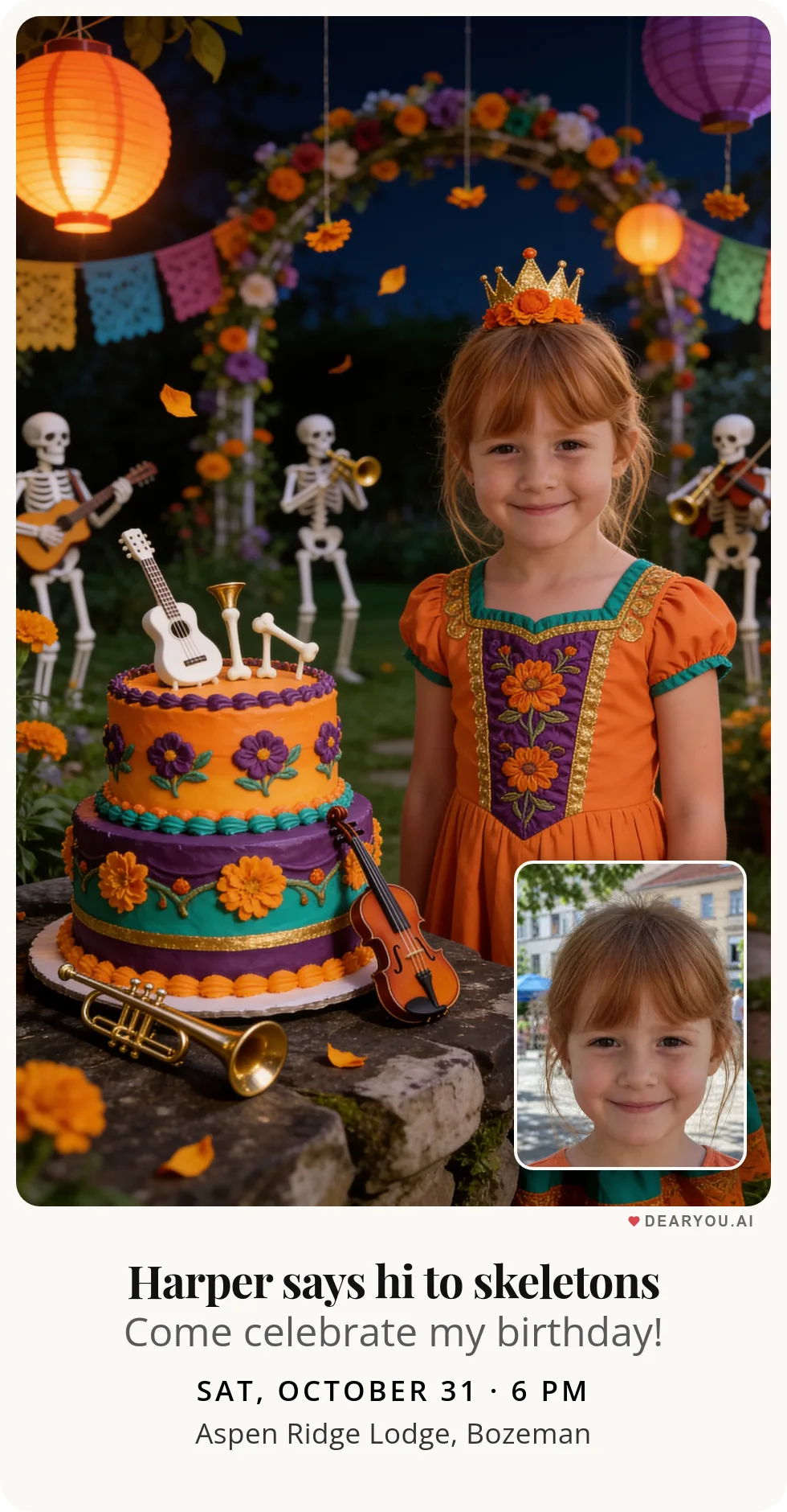 Personalized kids birthday invitation with the child's name and age, skeleton musicians in the lantern garden theme