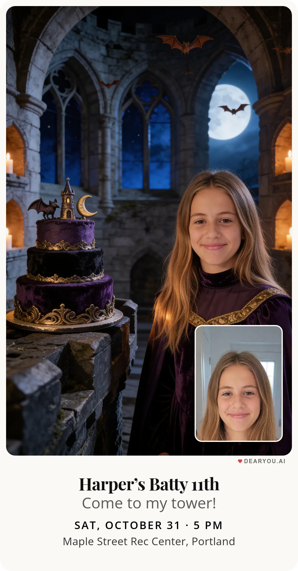Personalized kids birthday invitation with the child's name and age, friendly bats in the castle tower theme