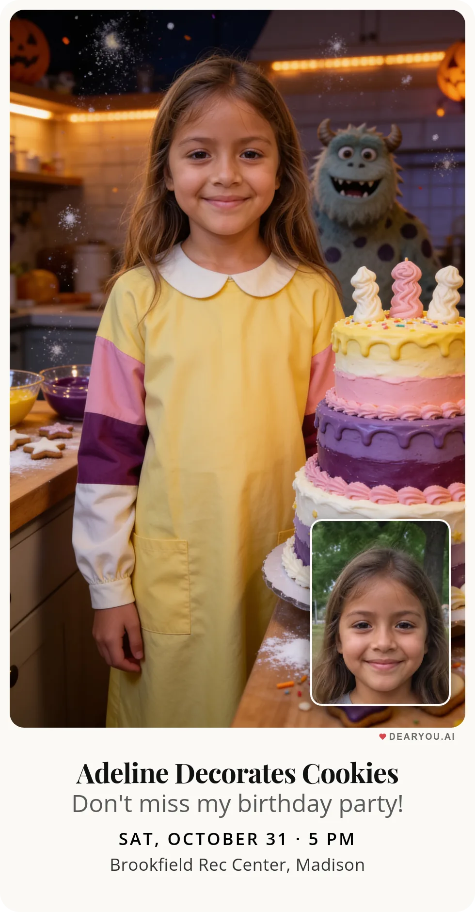 Personalized kids birthday invitation with the child's name and age, polka-dot little monster decorating cookies theme