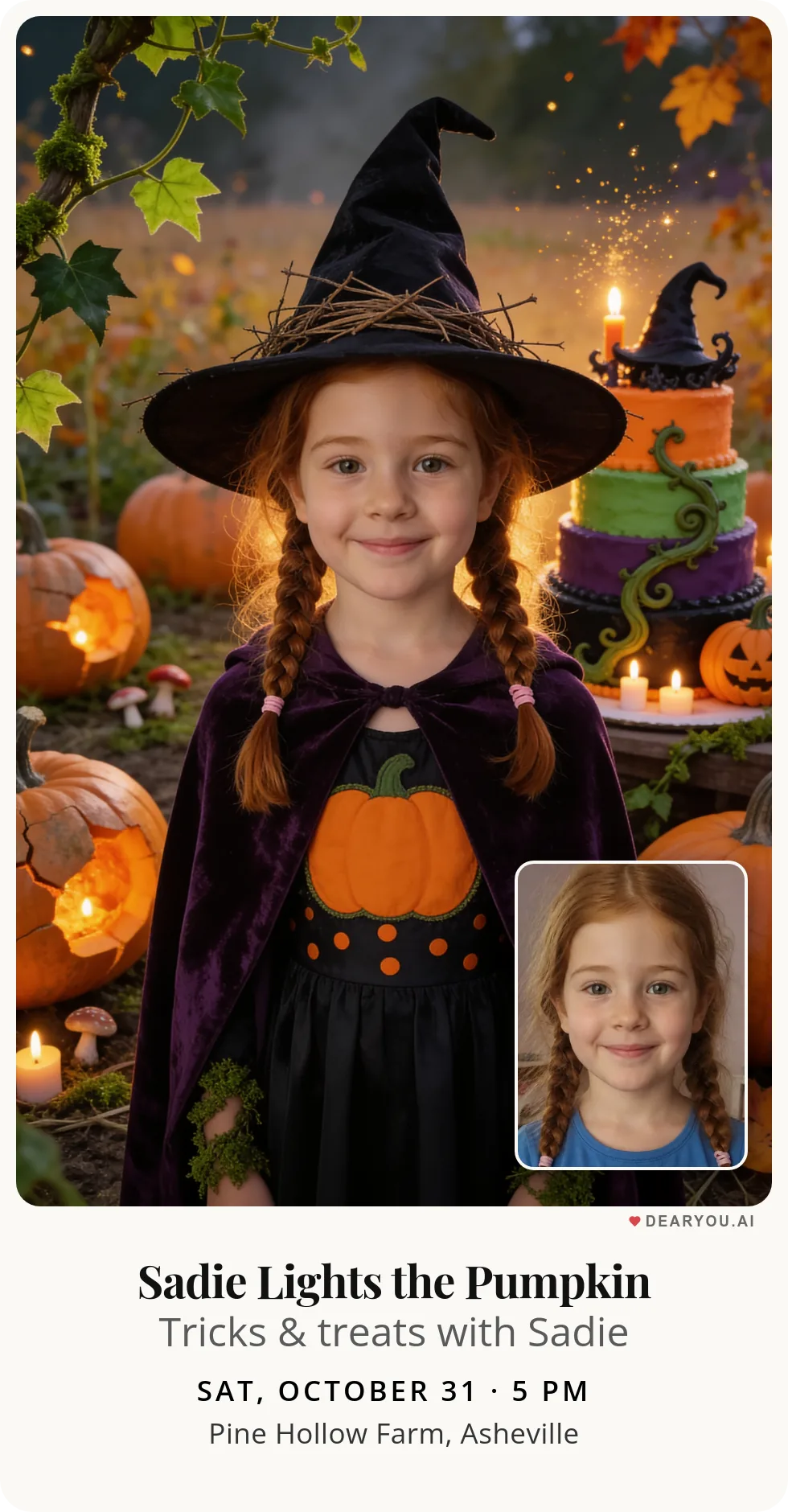 Personalized kids birthday invitation with the child's name and age, a little witch in the pumpkin patch theme