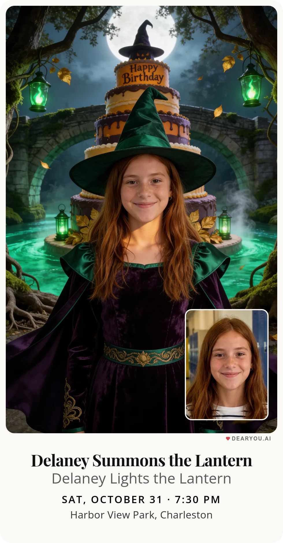 Personalized kids birthday invitation, a little witch on the bridge over the enchanted river theme
