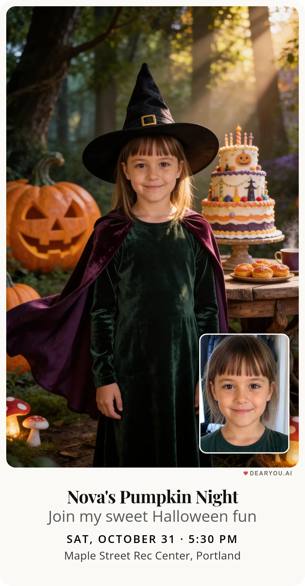 Personalized kids birthday invitation, a little witch having a picnic with her woodland friends theme