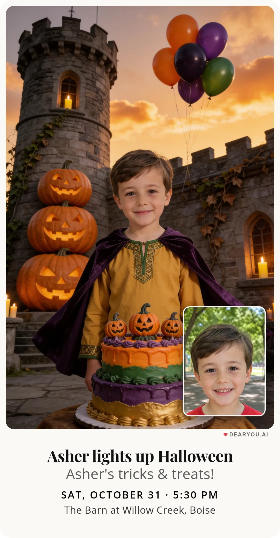 Personalized kids birthday invitation with the child's name and age, a tower of three pumpkins with balloons theme