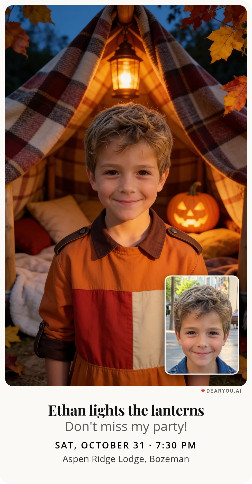 Personalized kids birthday invitation with the child's name and age, blanket fort with pumpkin flashlights theme