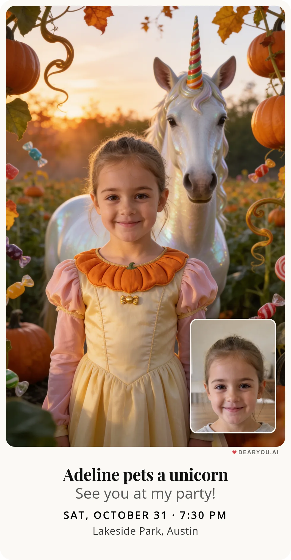 Personalized kids birthday invitation with the child's name and age, unicorn with a candy horn in a pumpkin patch theme