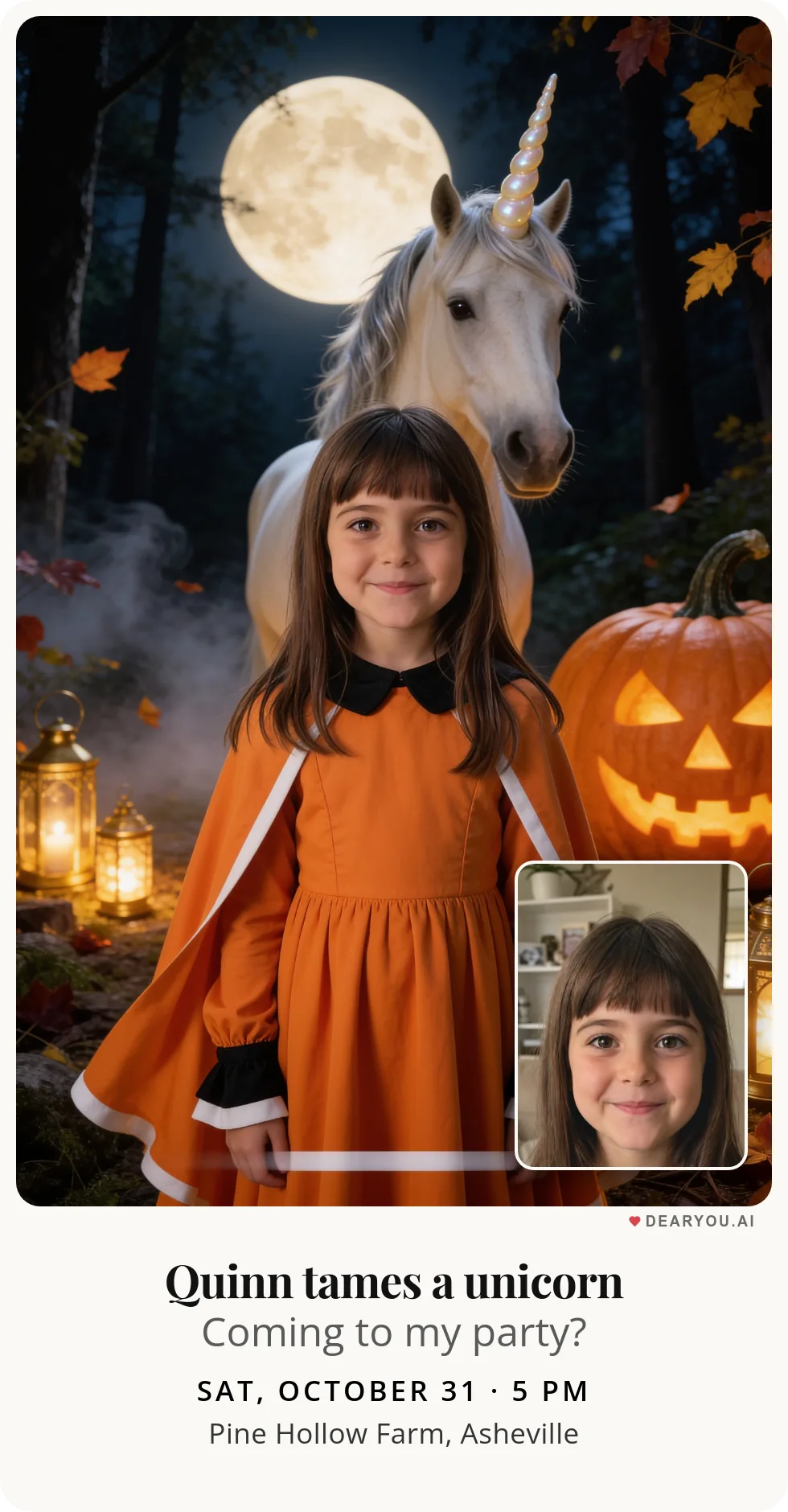 Personalized kids birthday invitation with the child's name and age, unicorn tamer on Halloween theme