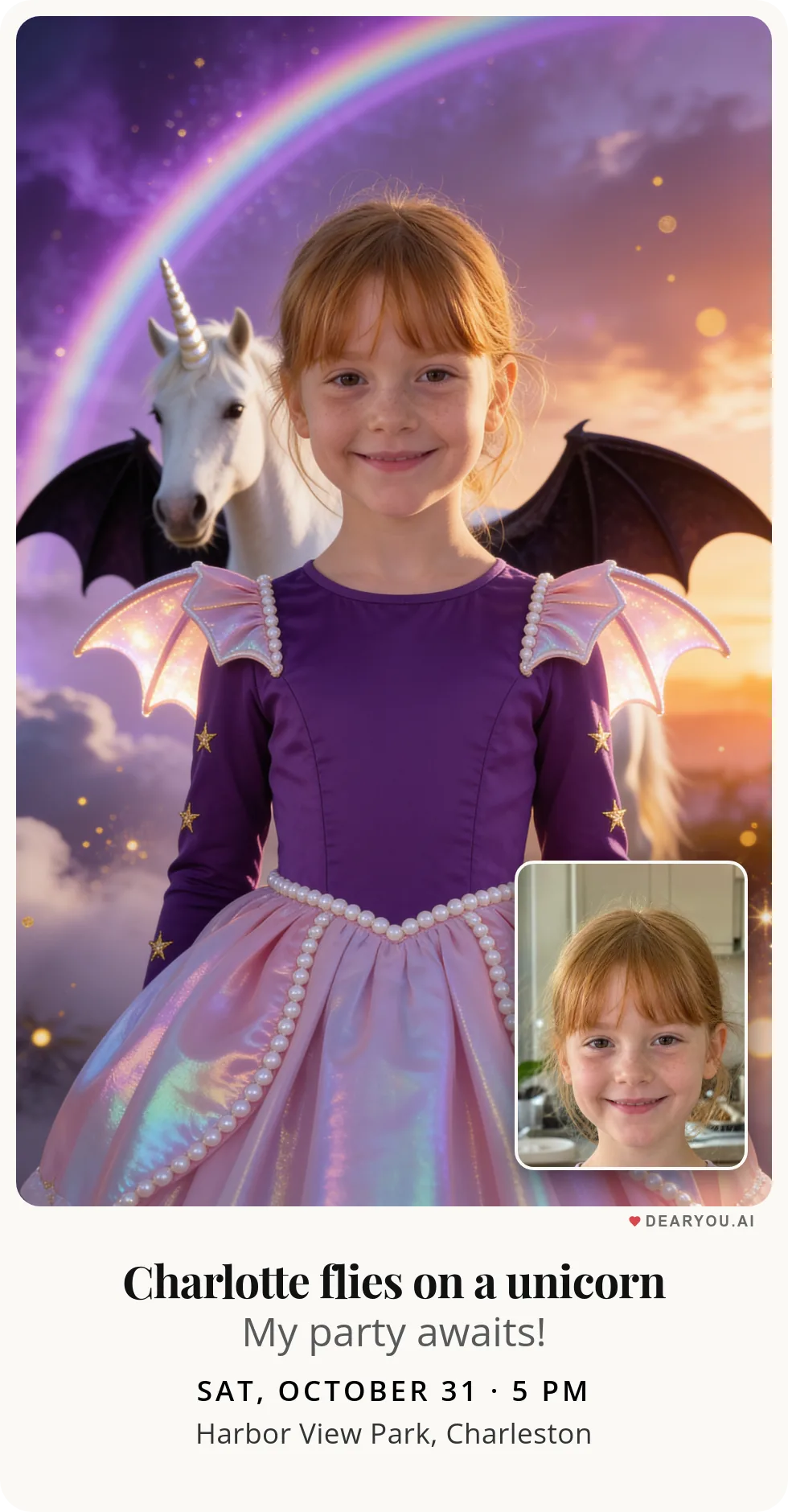 Personalized kids birthday invitation with the child's name and age, unicorn with bat wings over a purple rainbow theme