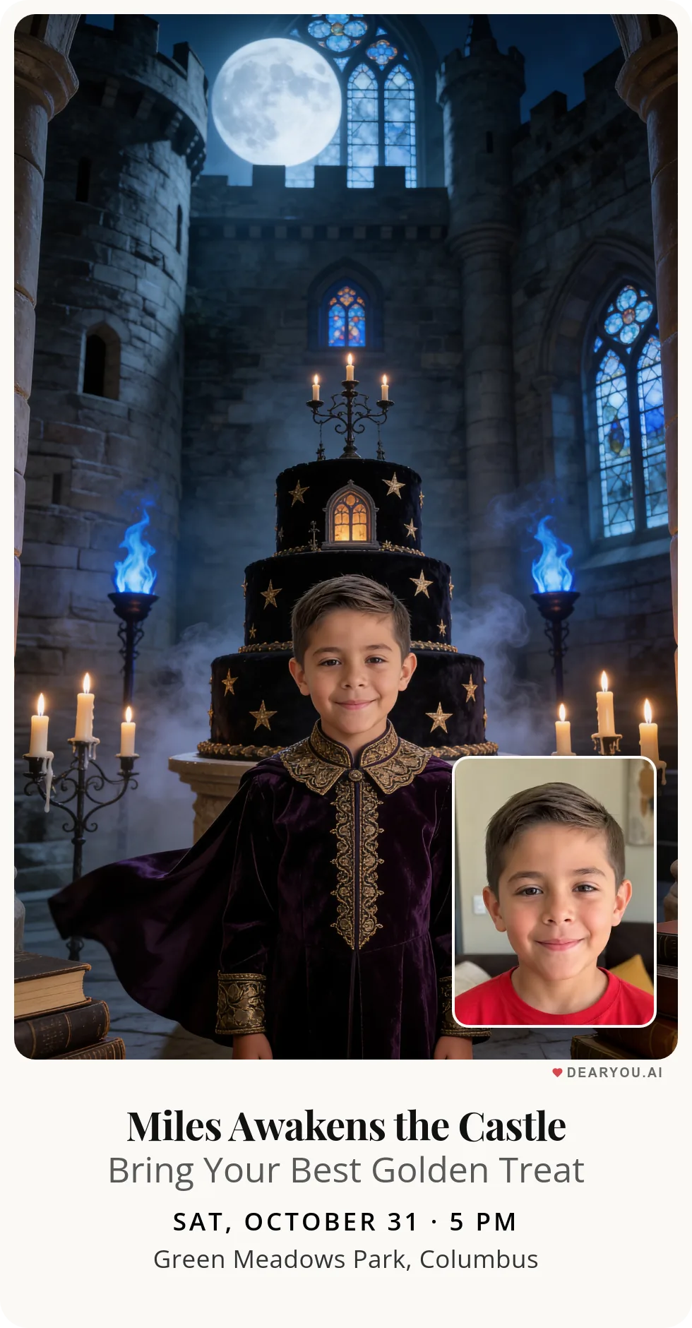 Personalized kids birthday invitation with the child's name and age, the hall of shadows in the haunted castle theme