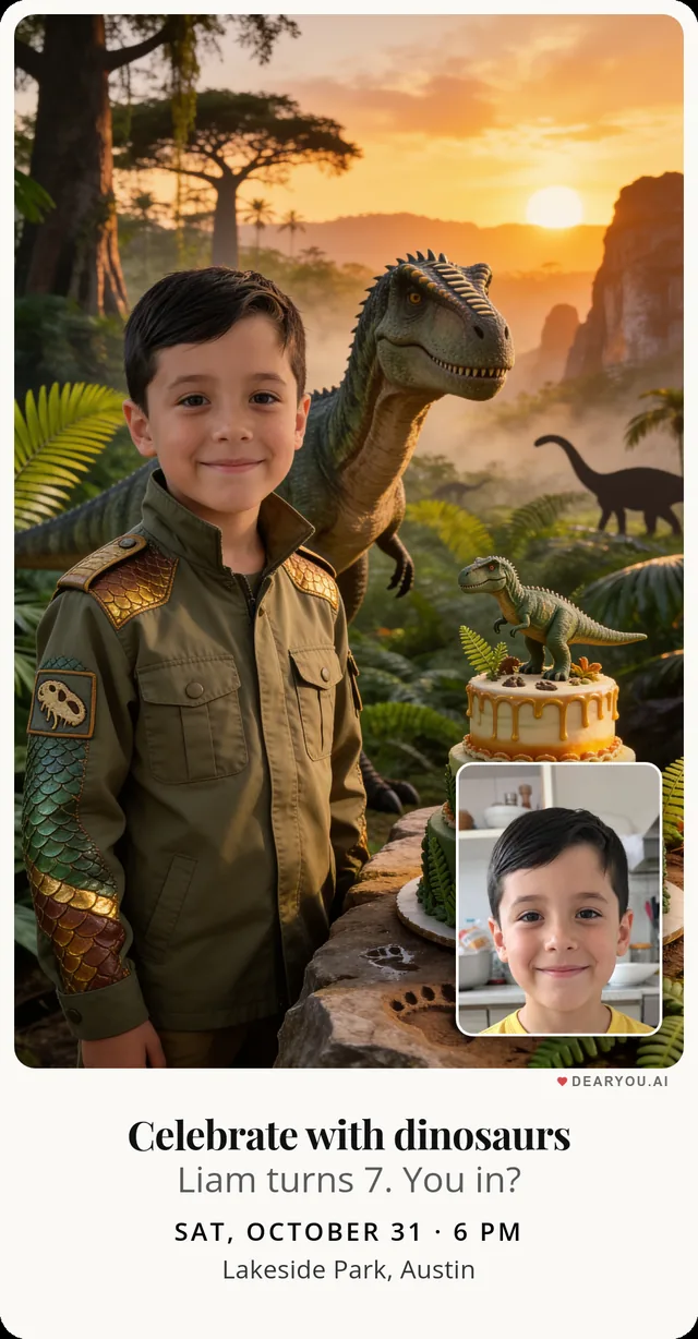 Dinosaur jungle invitation, realistic style